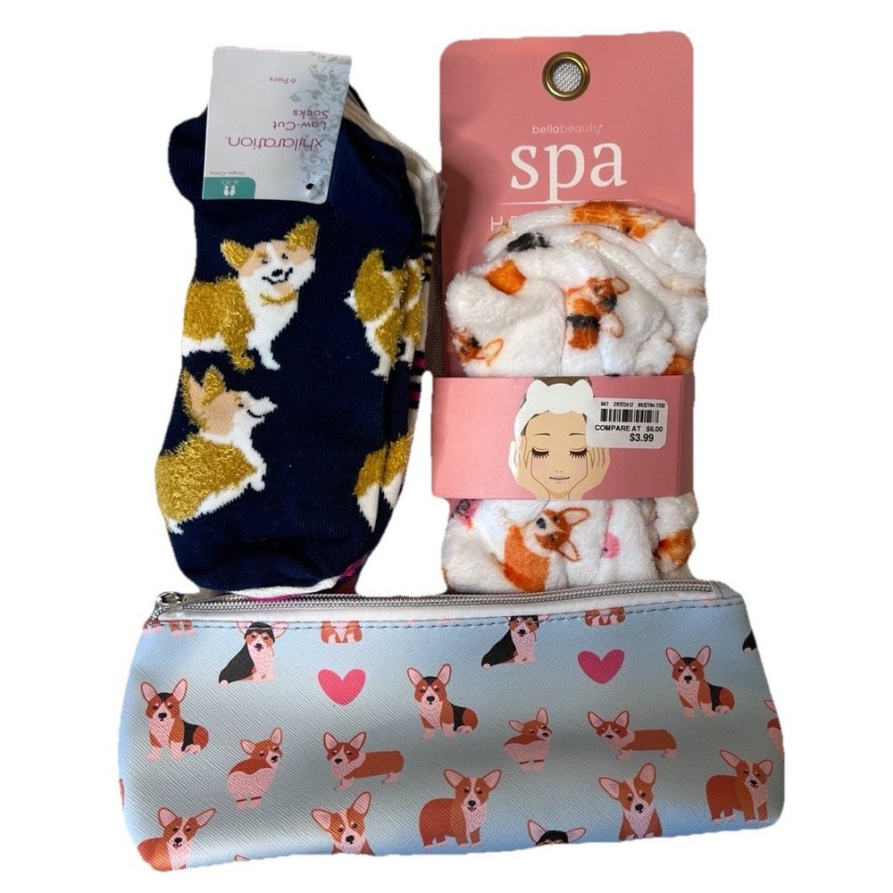 NWT Corgi Dog Lot - Zippered Pencil Case, 6-pairs Socks, Spa Headband